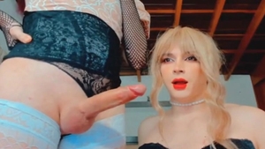 blond shemale Strokes Her thick Shaft