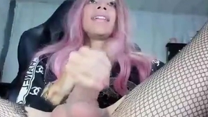 Pink Haired Trans babe In hose Jerks Off Her large penis On cam